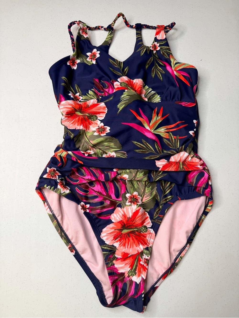 Kona Sol Navy Tropical Floral One Piece Swimsuit Medium